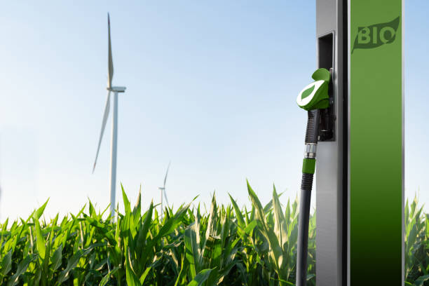 Biocarburant devant une eolienne dans un champ